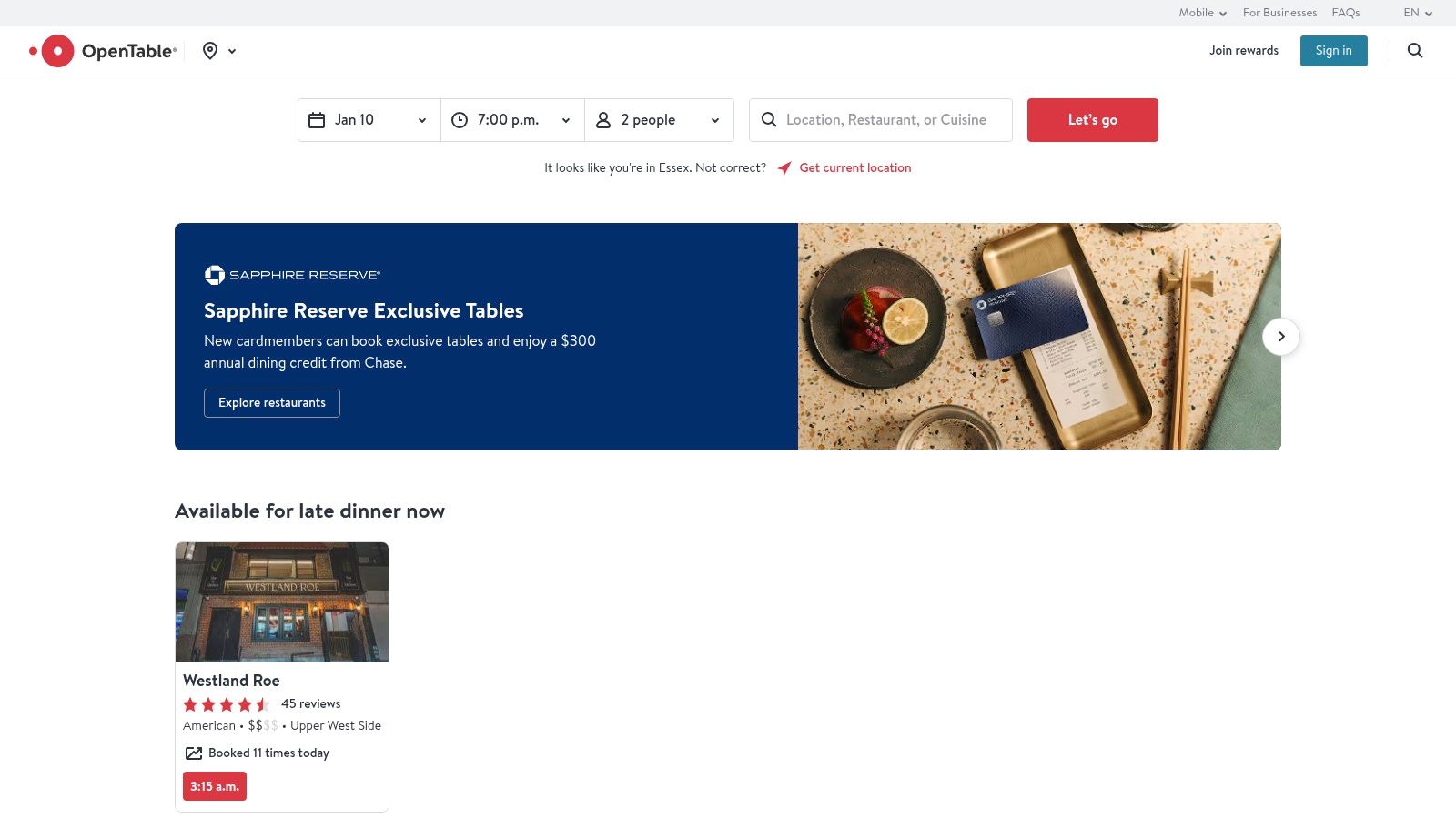 A screenshot showing the OpenTable interface for booking a table at a restaurant.