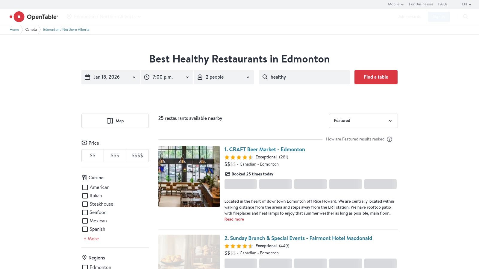 A screenshot of the OpenTable website showing a search for healthy restaurants in Edmonton, with filters and a map view of the city.