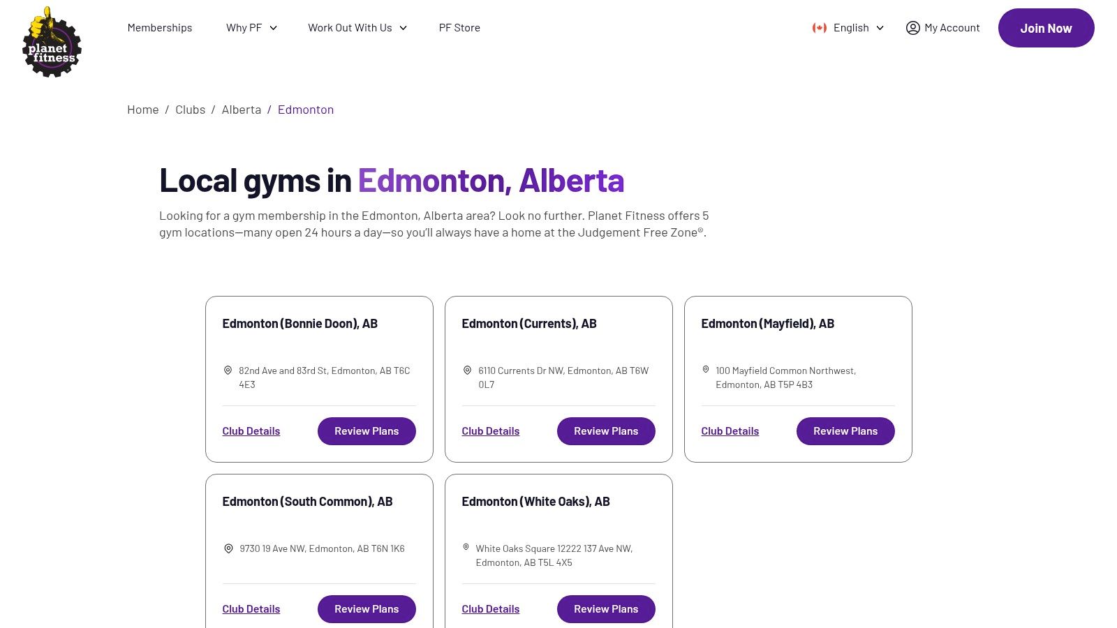 Planet Fitness website showing Edmonton locations
