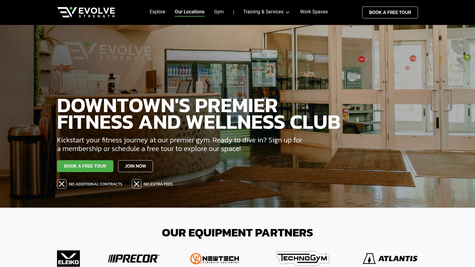 Evolve Strength website showing membership and location details