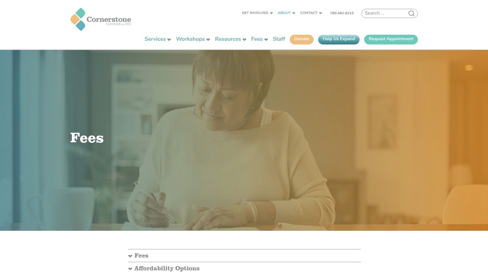 A screenshot of the Cornerstone Counselling website showing their fee structure and sliding scale options.