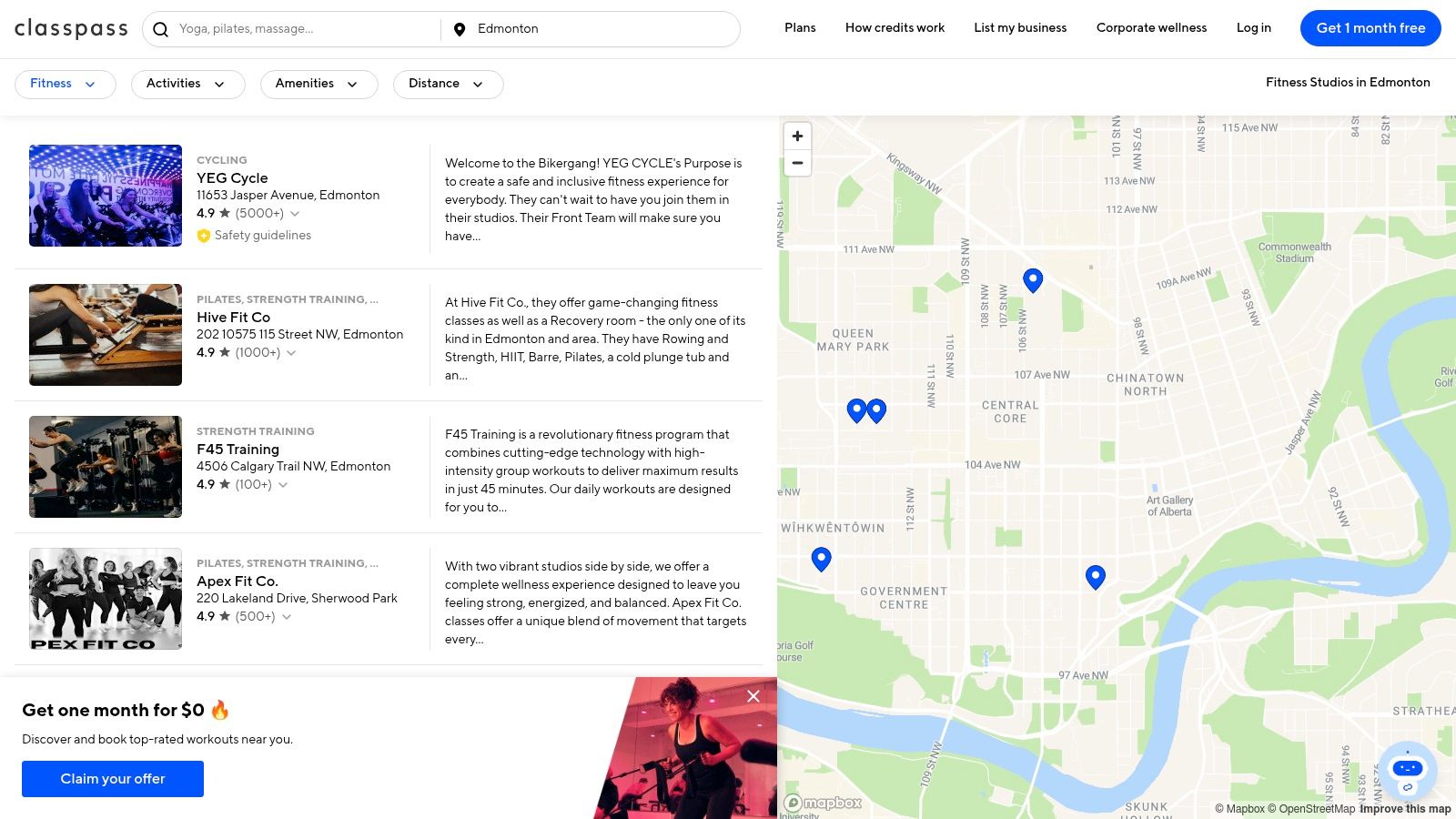 ClassPass app showing Edmonton fitness studios