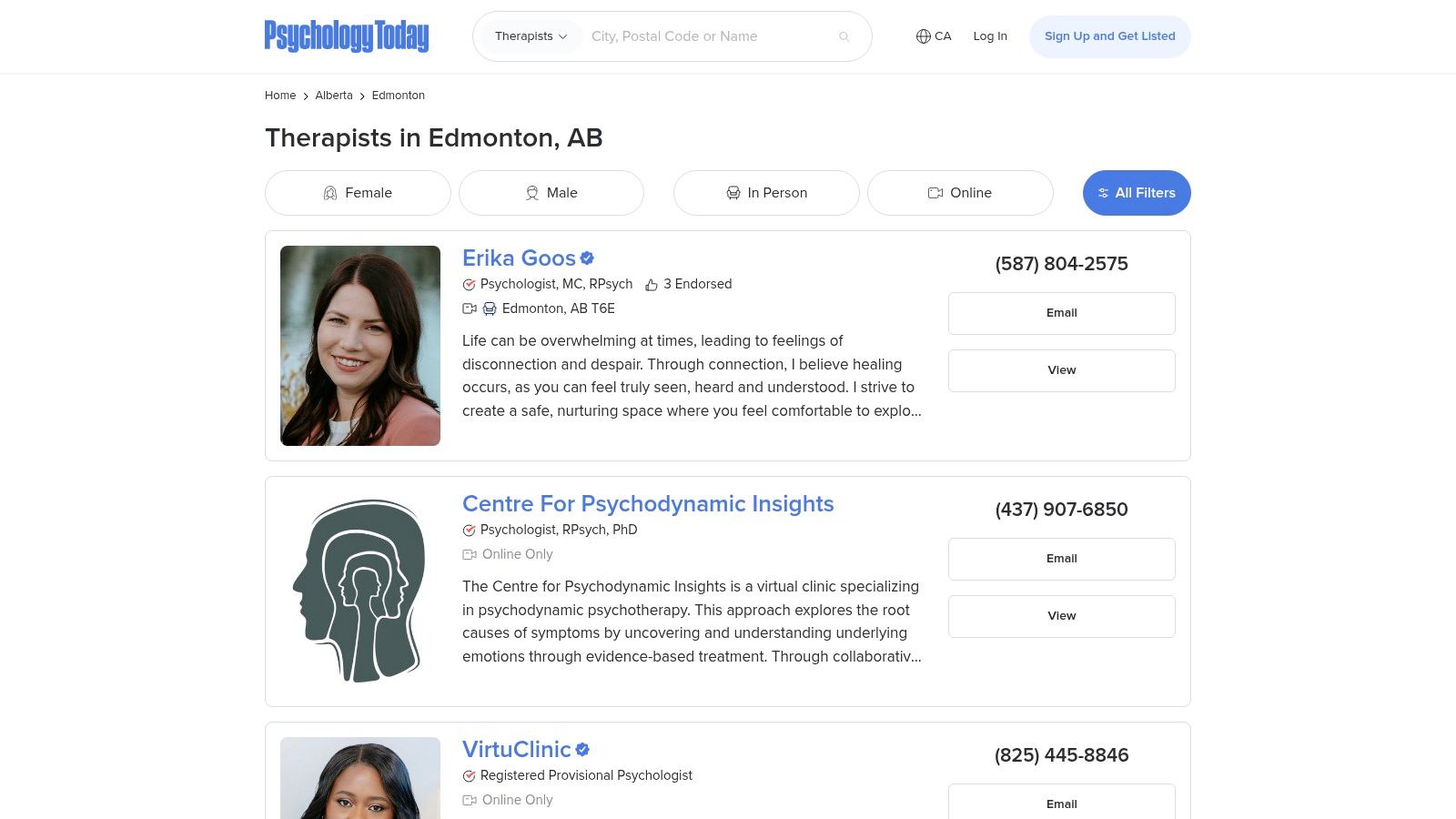 A person browsing the Psychology Today – Edmonton Therapist Directory on a tablet.