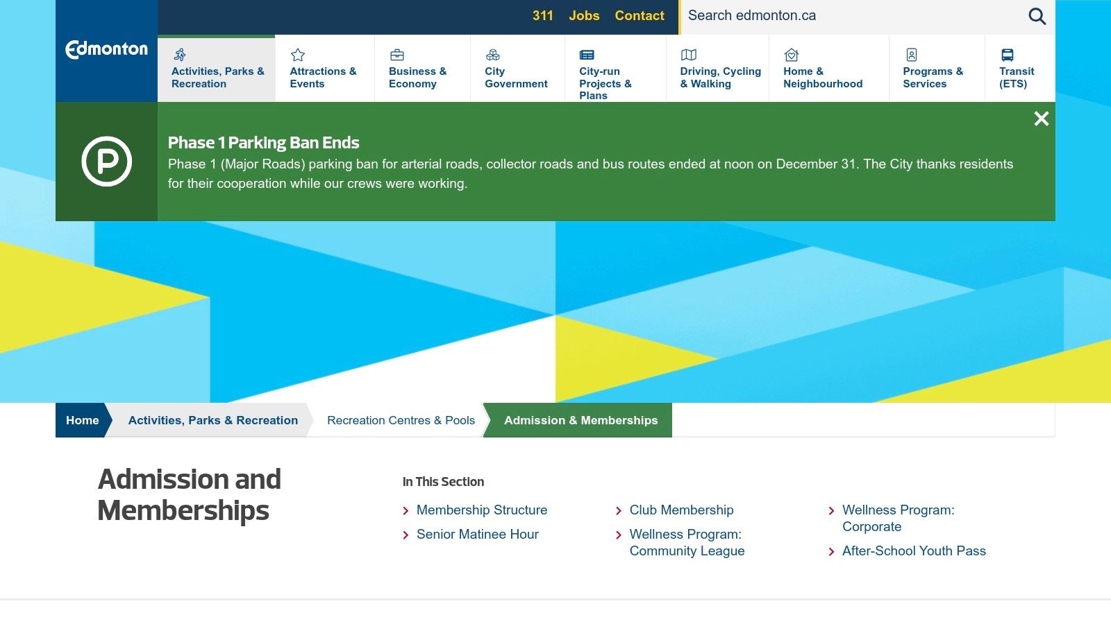City of Edmonton Recreation Centre website showing membership options