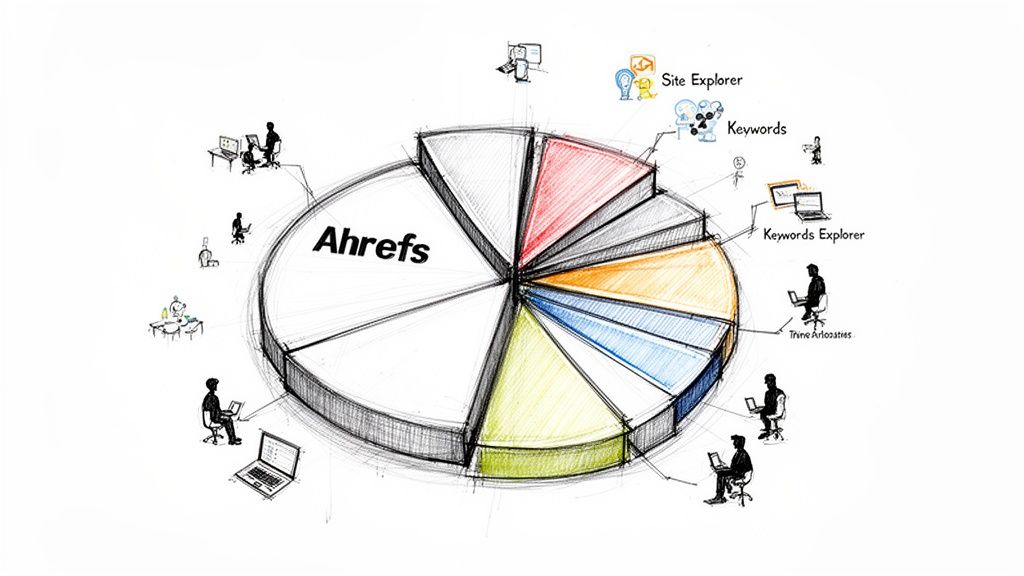 Hand-drawn Ahrefs pie chart illustrating SEO tools such as Site Explorer and Keywords Explorer.