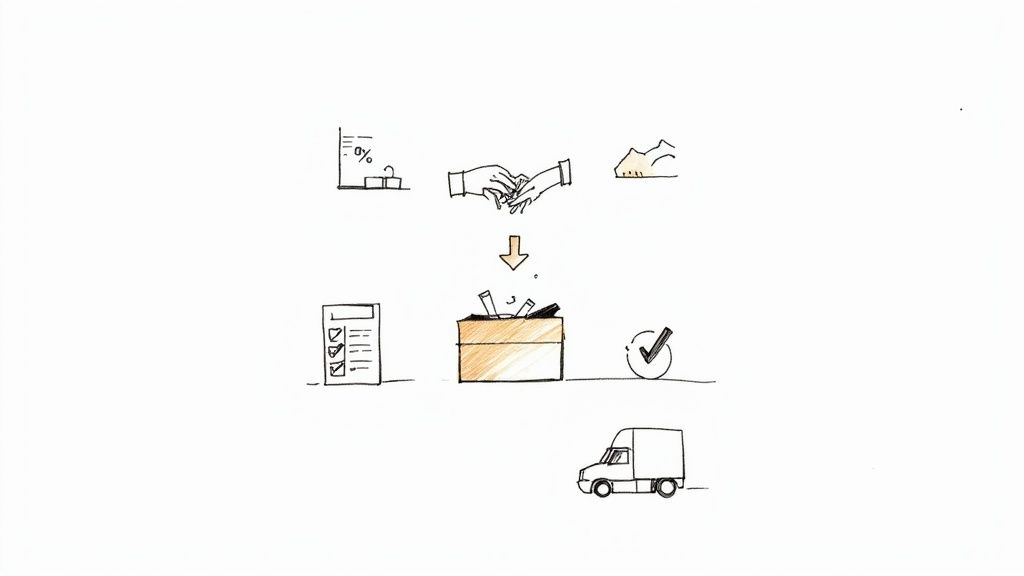 A person carefully inspecting a product sample under a bright light, with manufacturing equipment in the background.