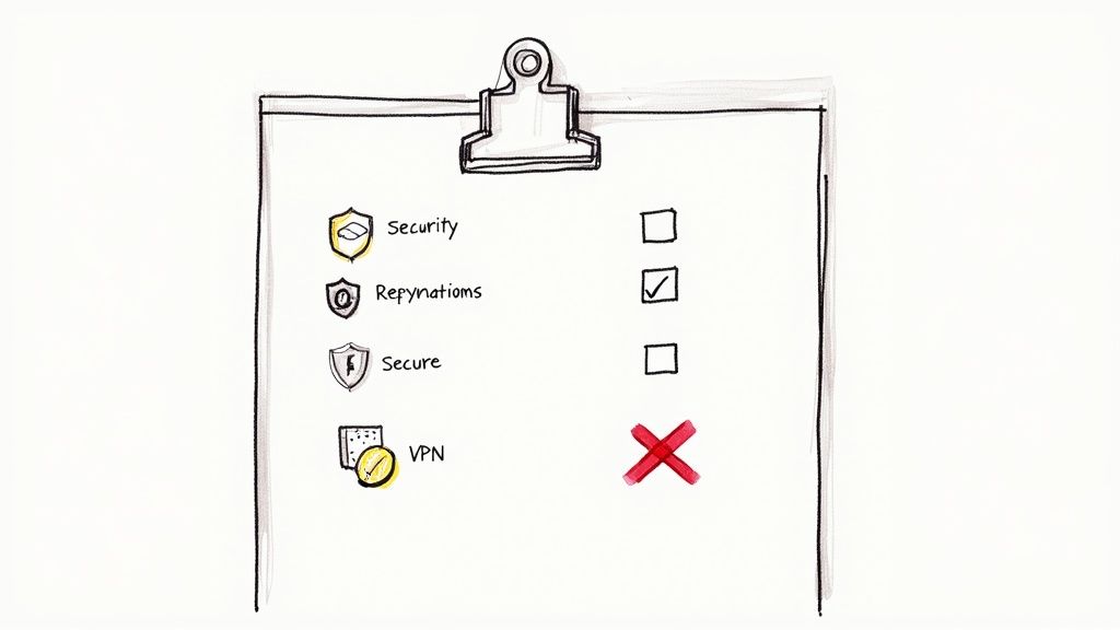 A hand-drawn clipboard checklist evaluating security features, with 'Repynations' checked and 'VPN' marked with an X.