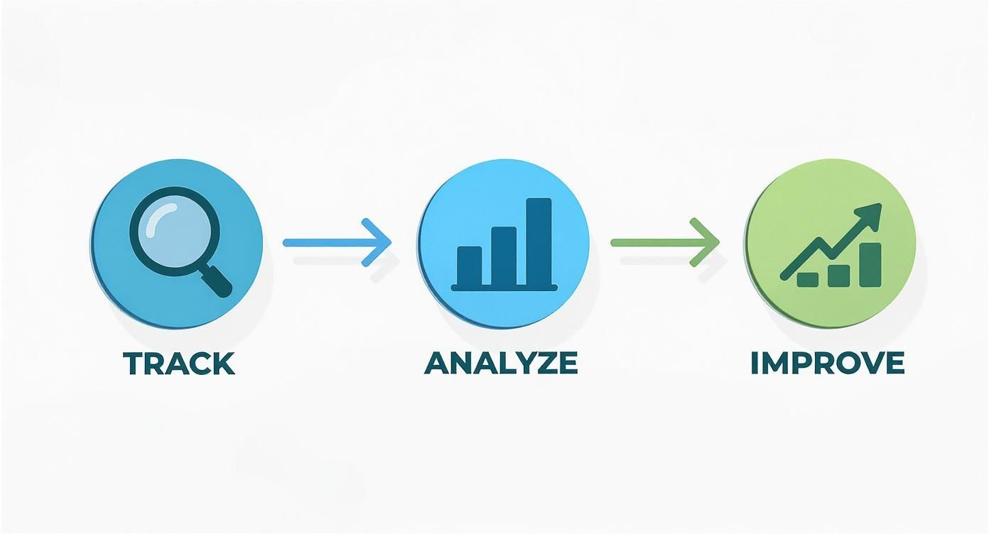 A three-step process diagram with icons for Track, Analyze, and Improve, connected by arrows.