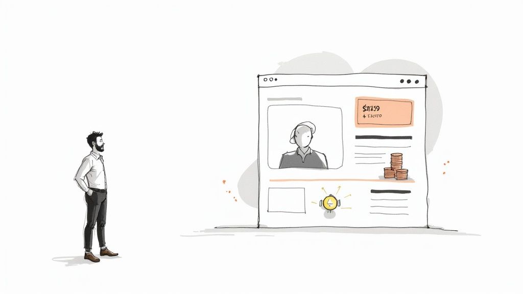 A man in a shirt and trousers looks at a web page displaying a price, money stacks, and a timer.