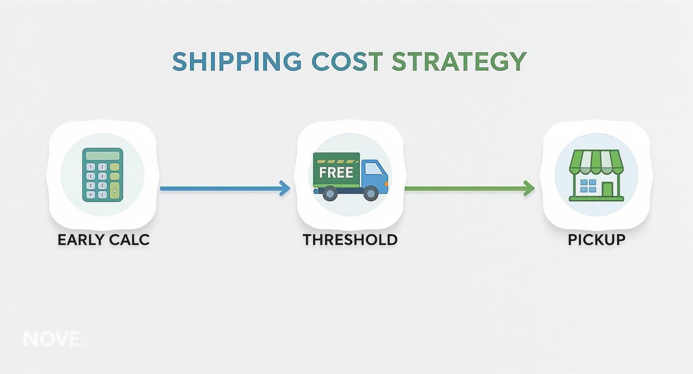 Infographic showing a timeline of shipping cost strategies, from an early calculator to free shipping thresholds and local pickup options.
