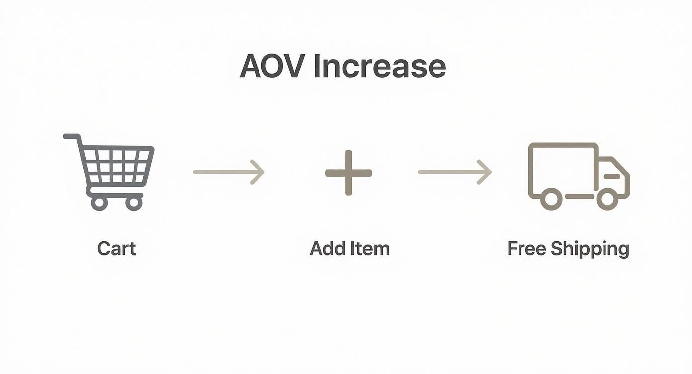 A diagram shows a cart, add item symbol, and delivery truck, representing AOV increase strategy.