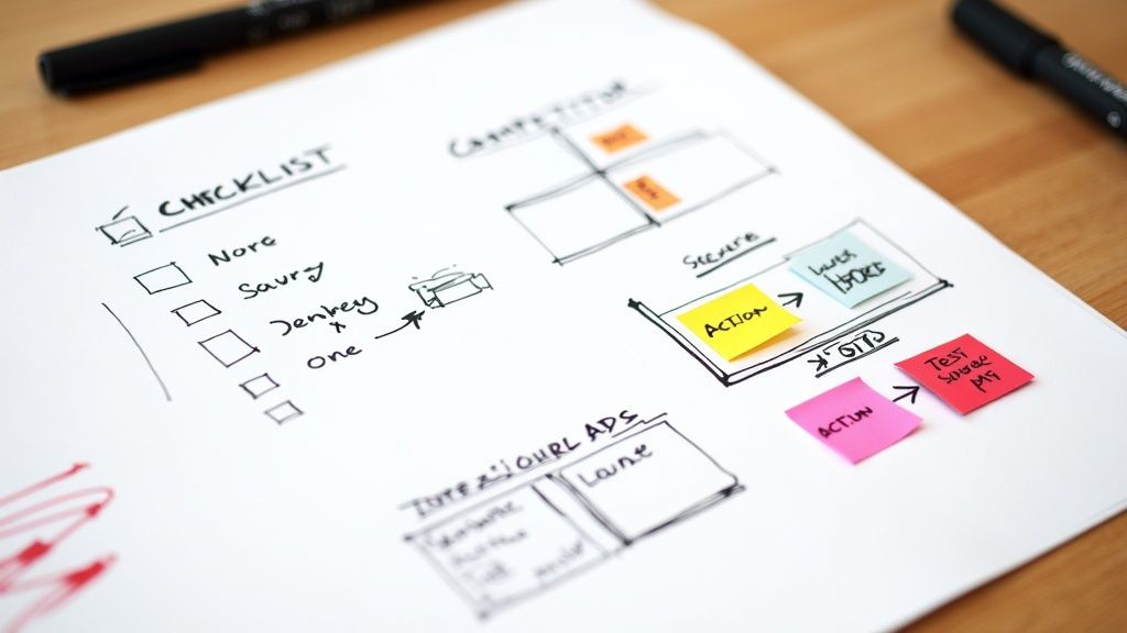 A person at a desk reviewing a strategic plan on a tablet, with analytical charts in the background.