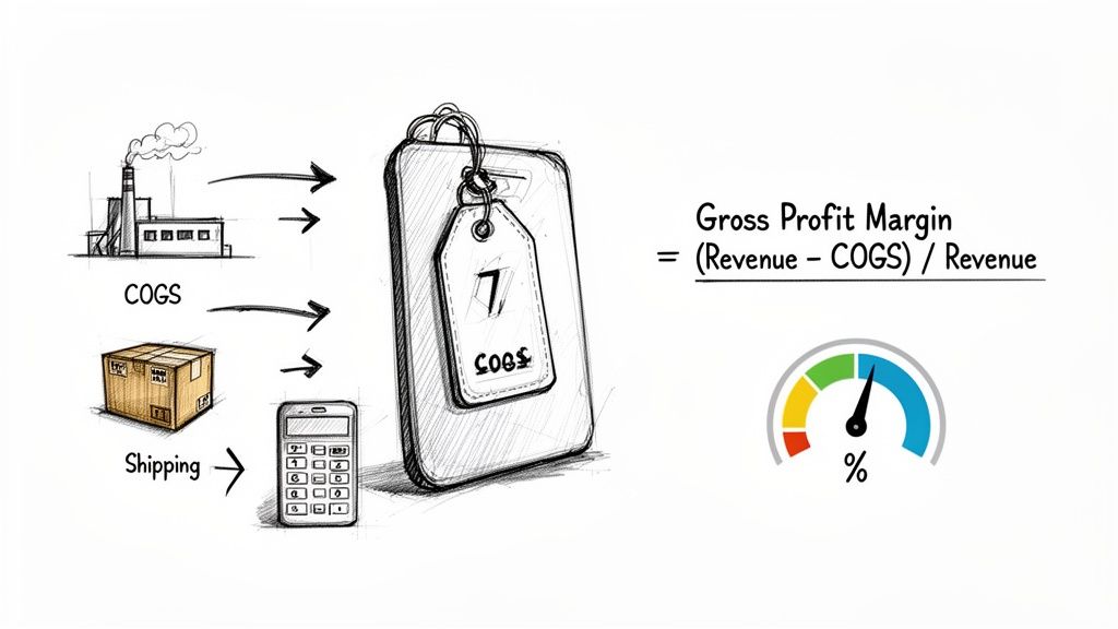 Visualizing gross profit margin calculation, showing COGS, shipping, a smartphone price, formula, and a percentage gauge.