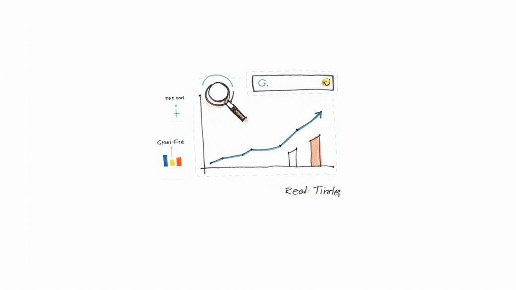 Whiteboard sketch illustrating a growth graph, search bar, magnifying glass, and small charts for market analysis.