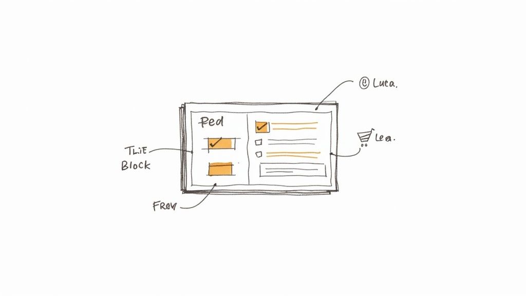 Hand-drawn wireframe sketch showing Amazon product listing layout with title block, images, and shopping cart icon
