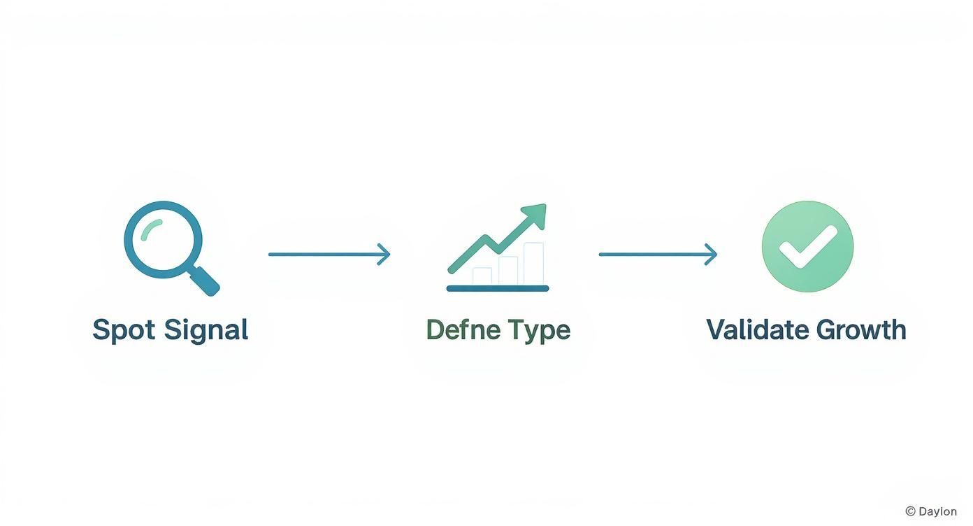 A three-step process flowchart: Spot Signal with a magnifying glass, Defne Type with a growth chart, and Validate Growth with a checkmark.