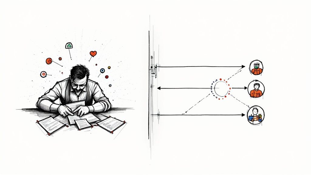 A man analyzes documents and ideas, flowing to a system distributing information to diverse recipients.