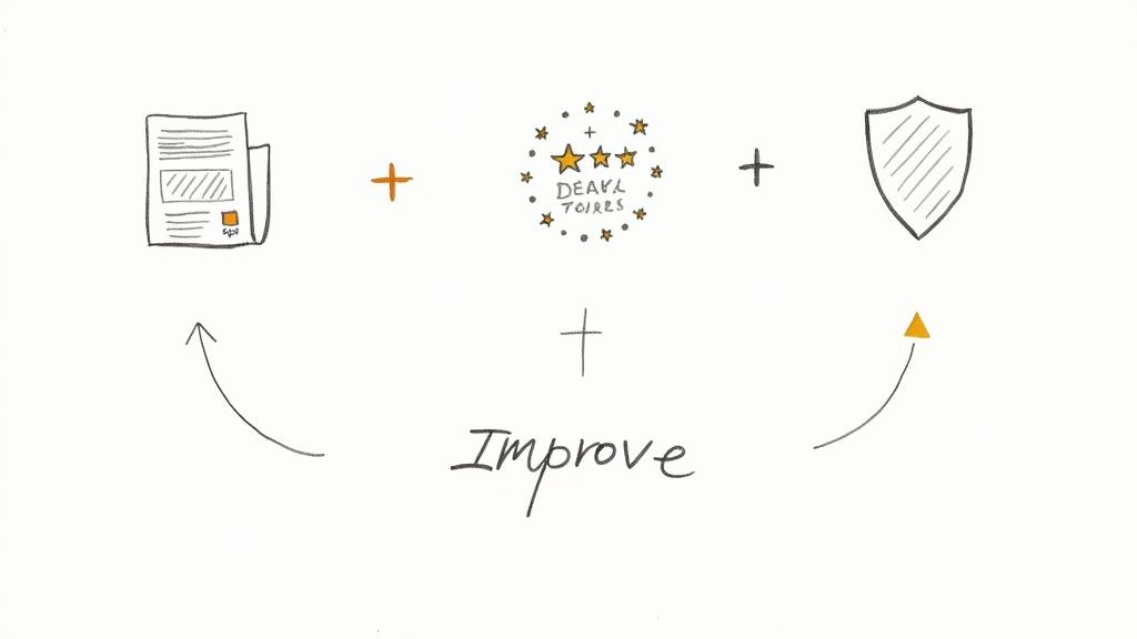 Illustration combining a document, star ratings, and a shield, with 'Improve' indicating a positive cycle.