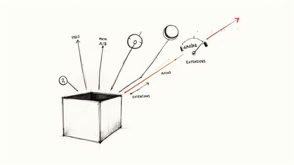 A hand-drawn diagram illustrates data flow and system extensions around a central box, with inputs and outputs.