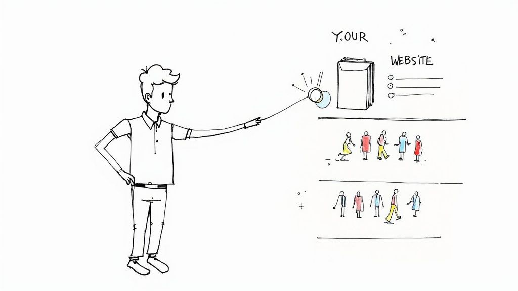Hand-drawn illustration of a person directing light to a website, with two groups of people representing visitors.