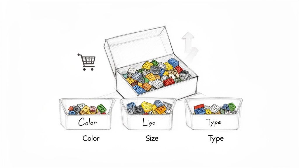 An illustration of various Lego bricks being sorted into bins based on color, size, and type.