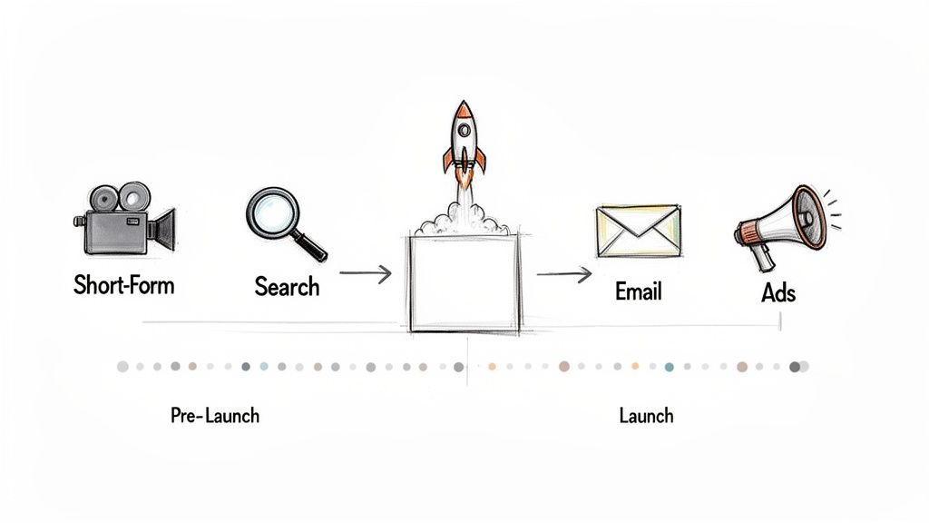 A visual diagram illustrating a product or marketing launch strategy, from pre-launch to post-launch activities.