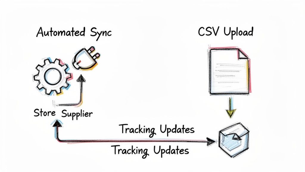 Illustration of two methods, automated sync and CSV upload, for managing tracking updates from suppliers.