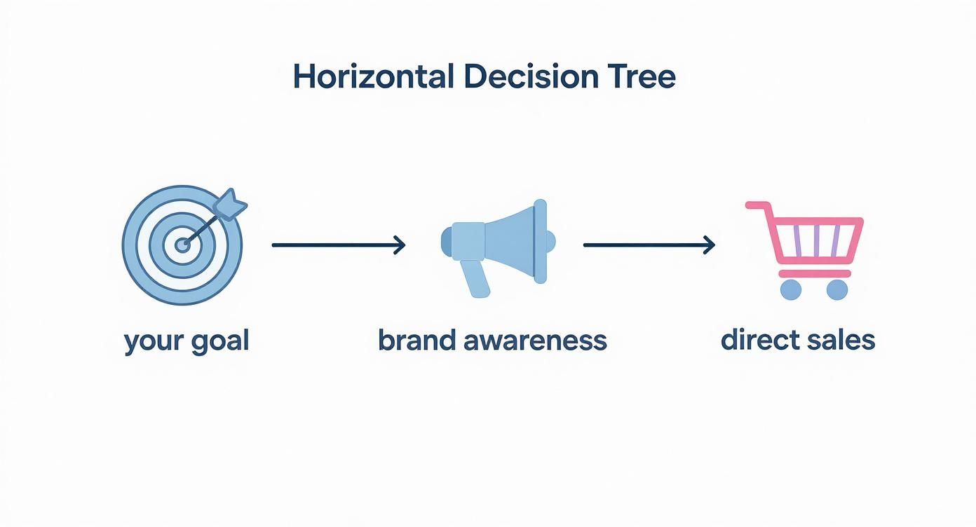Infographic showing a decision tree for ad spend, moving from Goal to either Brand Awareness or Direct Sales