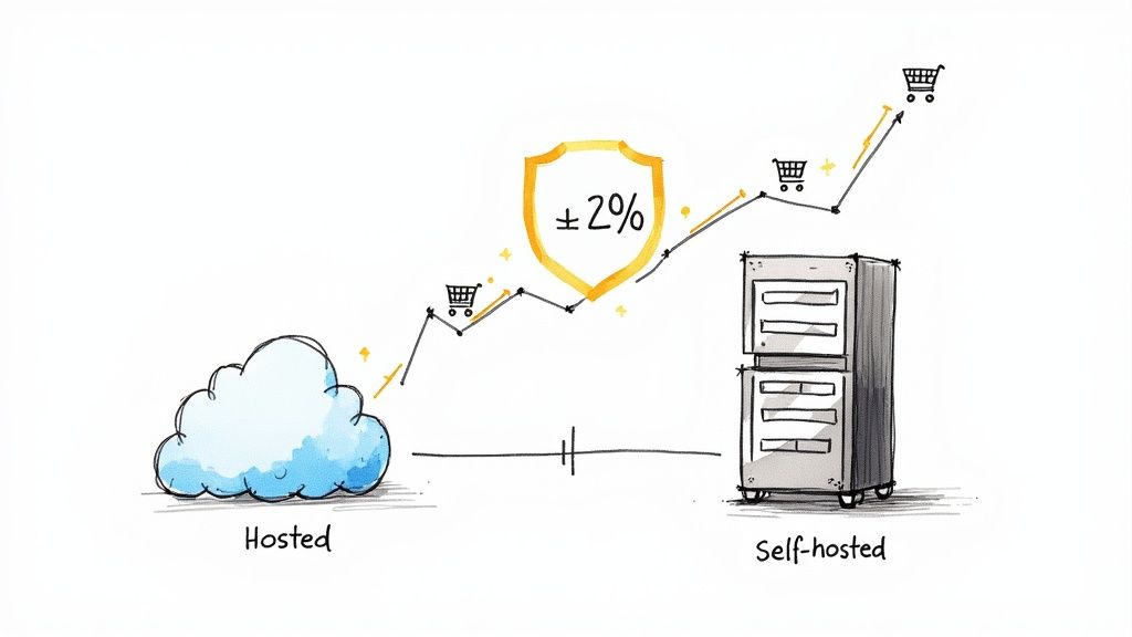Illustration comparing hosted and self-hosted e-commerce solutions, showing growth, shopping carts, and a ±2% variance.