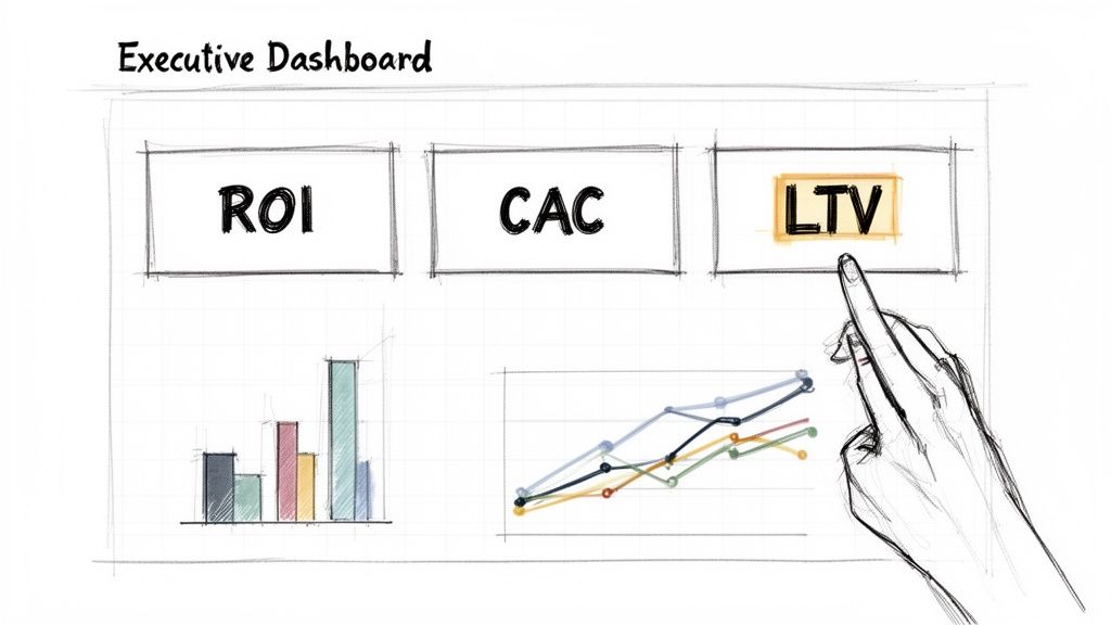 A hand points to LTV on an executive dashboard sketch with ROI, CAC, a bar chart, and a line graph.