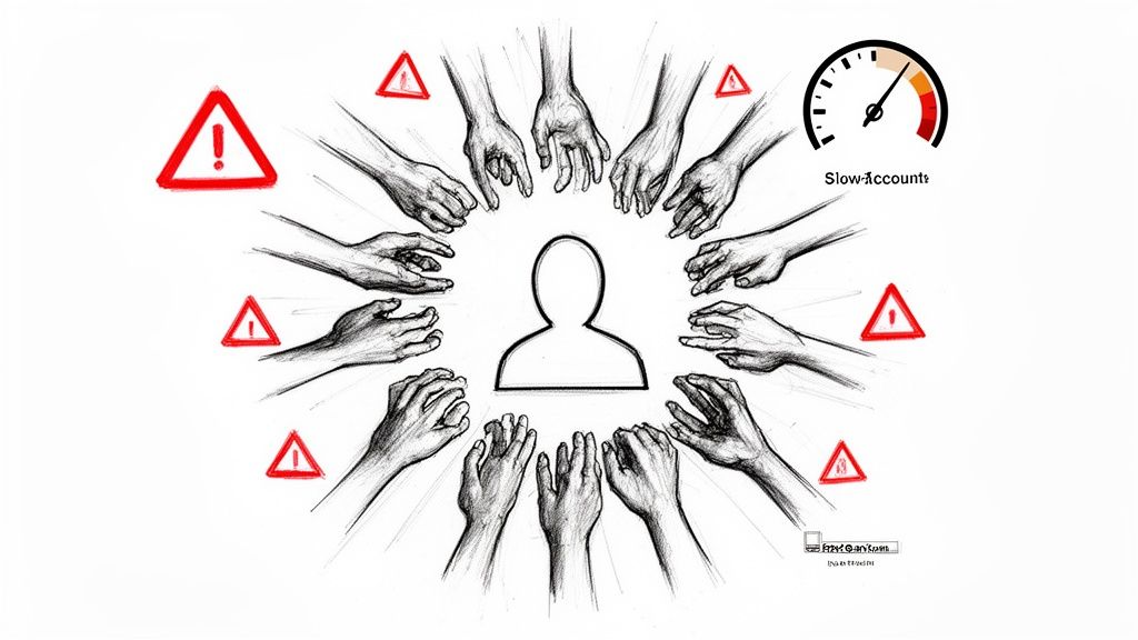 A central person surrounded by many hands reaching, with warning signs and a 'Slow-Accounts' meter.