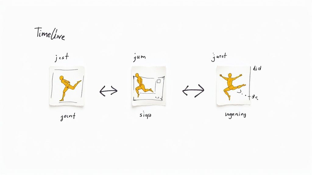 An illustrated timeline showing three stages of a yellow human figure's movement or dance sequence.