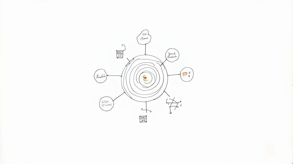 Hand-drawn mind map illustrating a central concept surrounded by interconnected business and design elements.