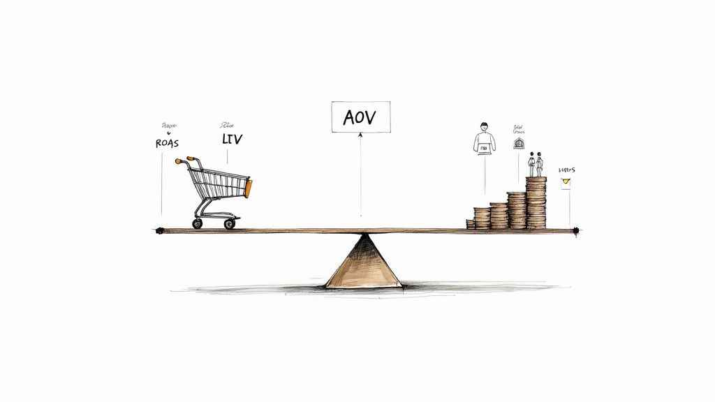 Illustration of a balance scale with a shopping cart (ROAS, LTV) and stacked coins, with 'AOV' at the center, representing e-commerce metrics.