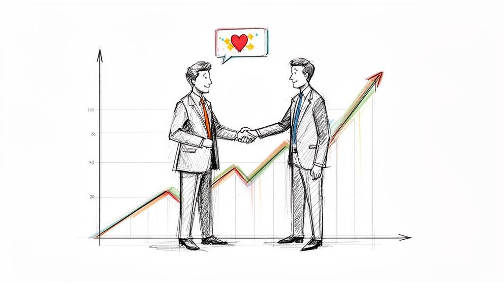Two businessmen shake hands in front of a rising line graph with a heart bubble, symbolizing successful negotiation and partnership.