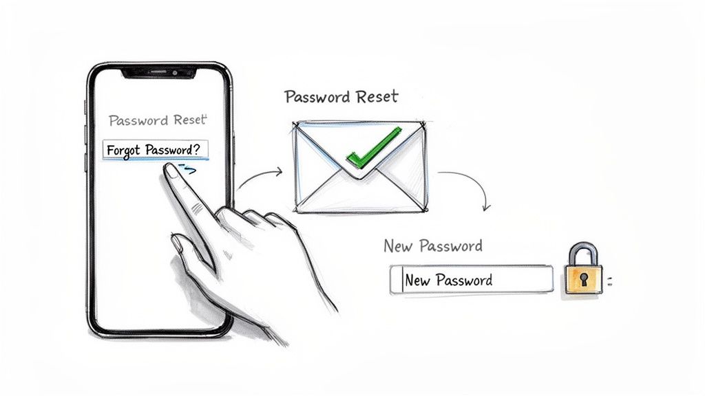 Diagram illustrating a password reset process from a smartphone, email confirmation, to creating a new password.