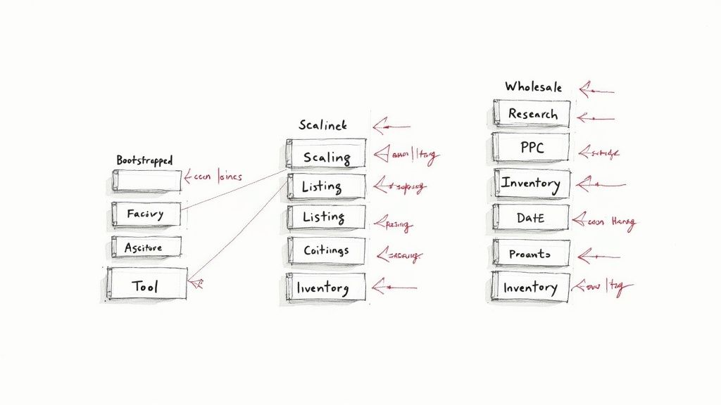 A hand-drawn diagram showing three interconnected columns of business processes: Bootstrapped, Scalineck, and Wholesale.