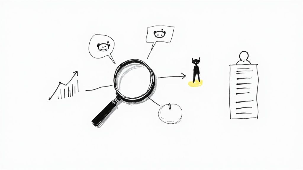 A magnifying glass hovering over a digital map with pins marking different market segments and customer groups.
