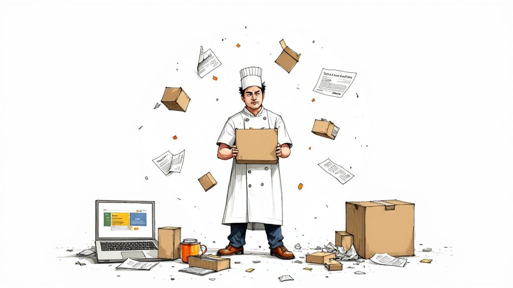 A person managing multiple screens and systems, looking overwhelmed, representing the chaos of separate ecommerce tools.