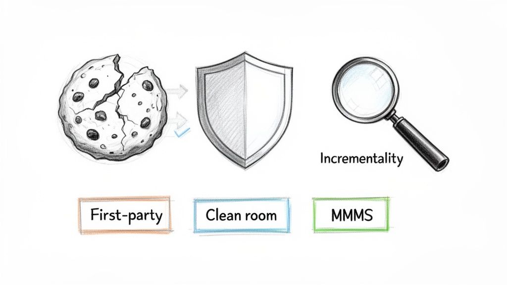 Diagram illustrating data flow: first-party cookies, secure clean rooms, and MMMS incrementality measurement.