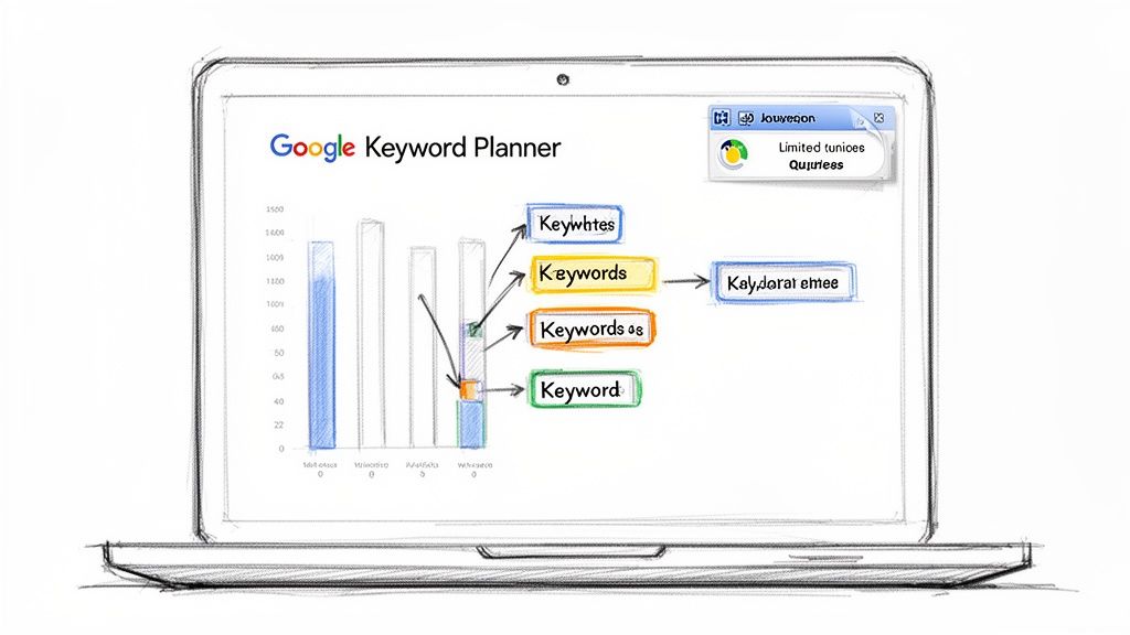 A sketch of a laptop displaying Google Keyword Planner with a bar chart and keyword examples.