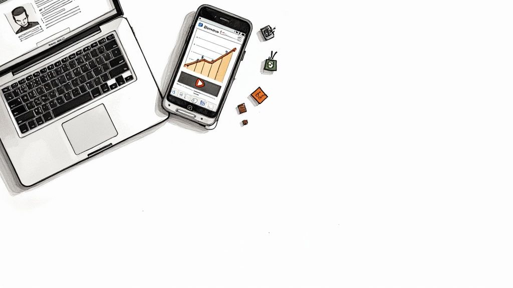 Top-down illustration of a laptop and smartphone displaying graphs and data on a white background.