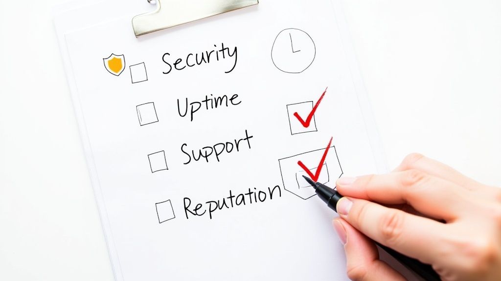 A person carefully inspecting a magnifying glass over a computer screen, symbolizing vetting a provider.