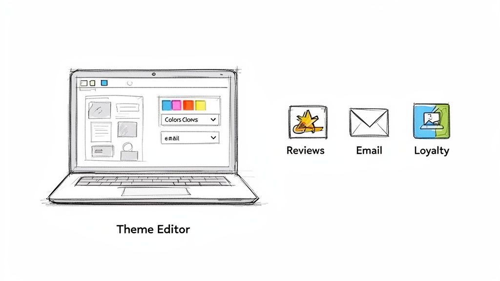 A laptop screen displays a theme editor with color options and an email field, beside icons for reviews, email, and loyalty programs.