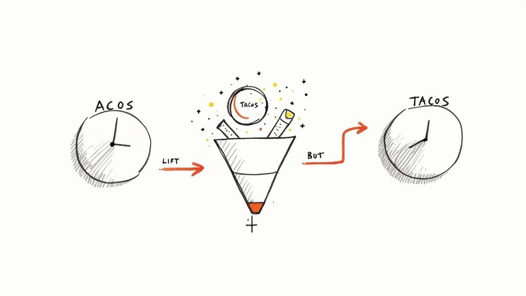 A chart showing ACoS and TACoS trends on a laptop screen, illustrating advertising ROI.