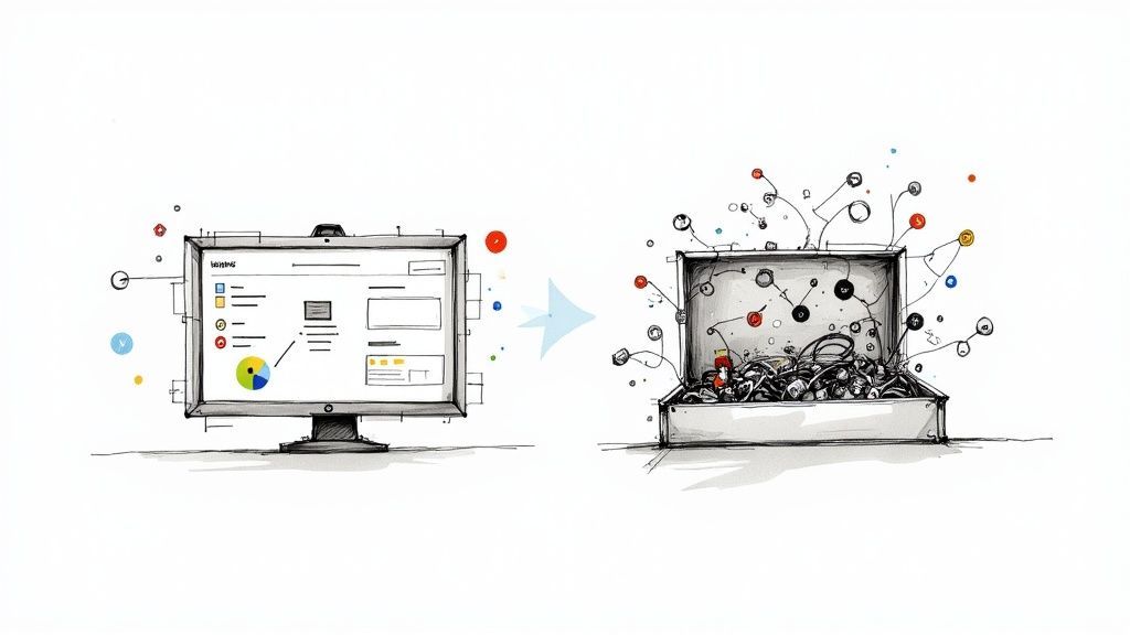 Illustration: A clean computer screen user interface evolving into a box of complex, tangled components.