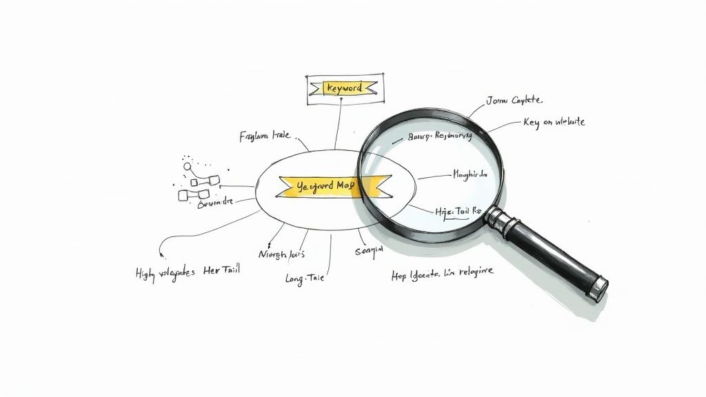 Mind map diagram illustrating keyword map strategy with magnifying glass highlighting SEO optimization elements
