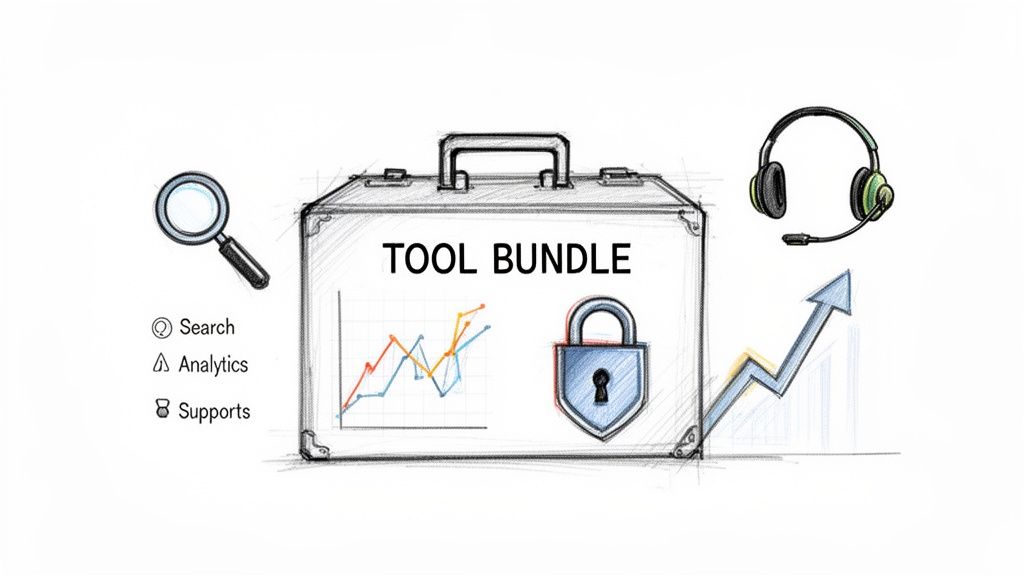 A sketch of a 'TOOL BUNDLE' briefcase with search, analytics, and support features, symbolizing growth and security.