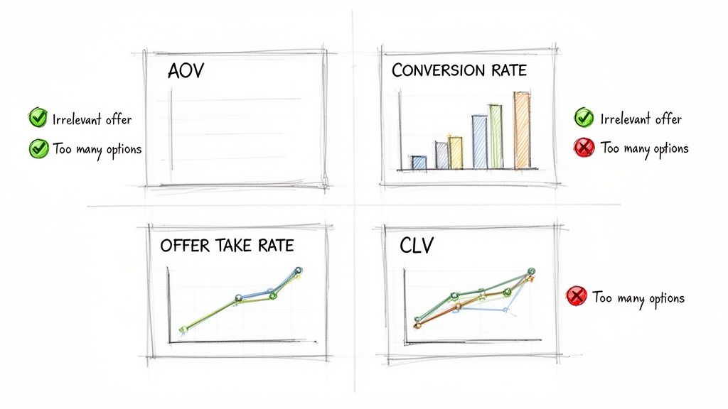 Charts showing how offer relevance and option quantity affect AOV, Conversion Rate, Offer Take Rate, and CLV.