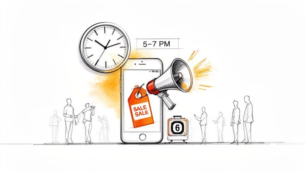 A clock showing 5-7 PM next to a smartphone with a sale tag and megaphone, people waiting for a timed offer.